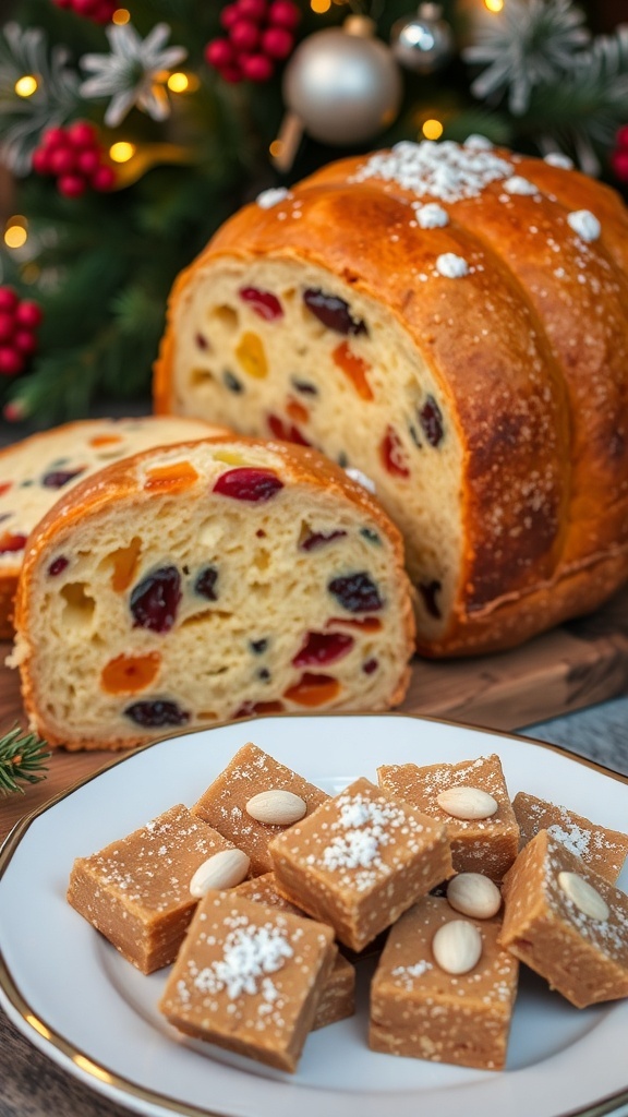 Traditional Italian Christmas desserts: Panettone and Torrone on a festive table.